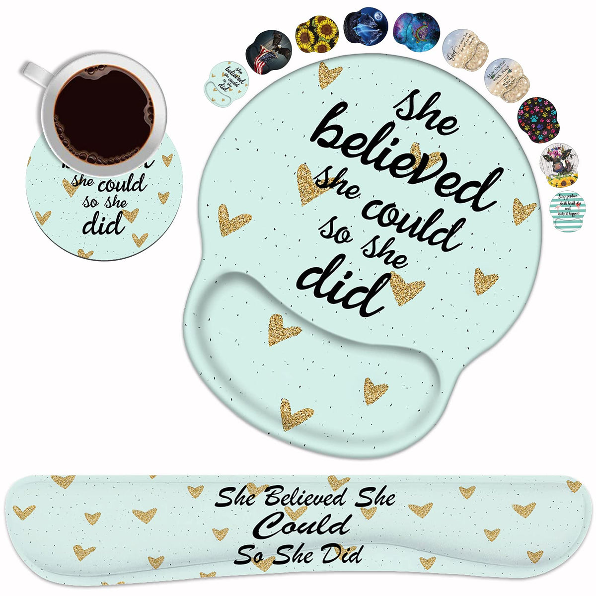 Keyboard Wrist Rest and Mouse Pad Wrist Rest Support Set with Coasters, She Believed She Could So