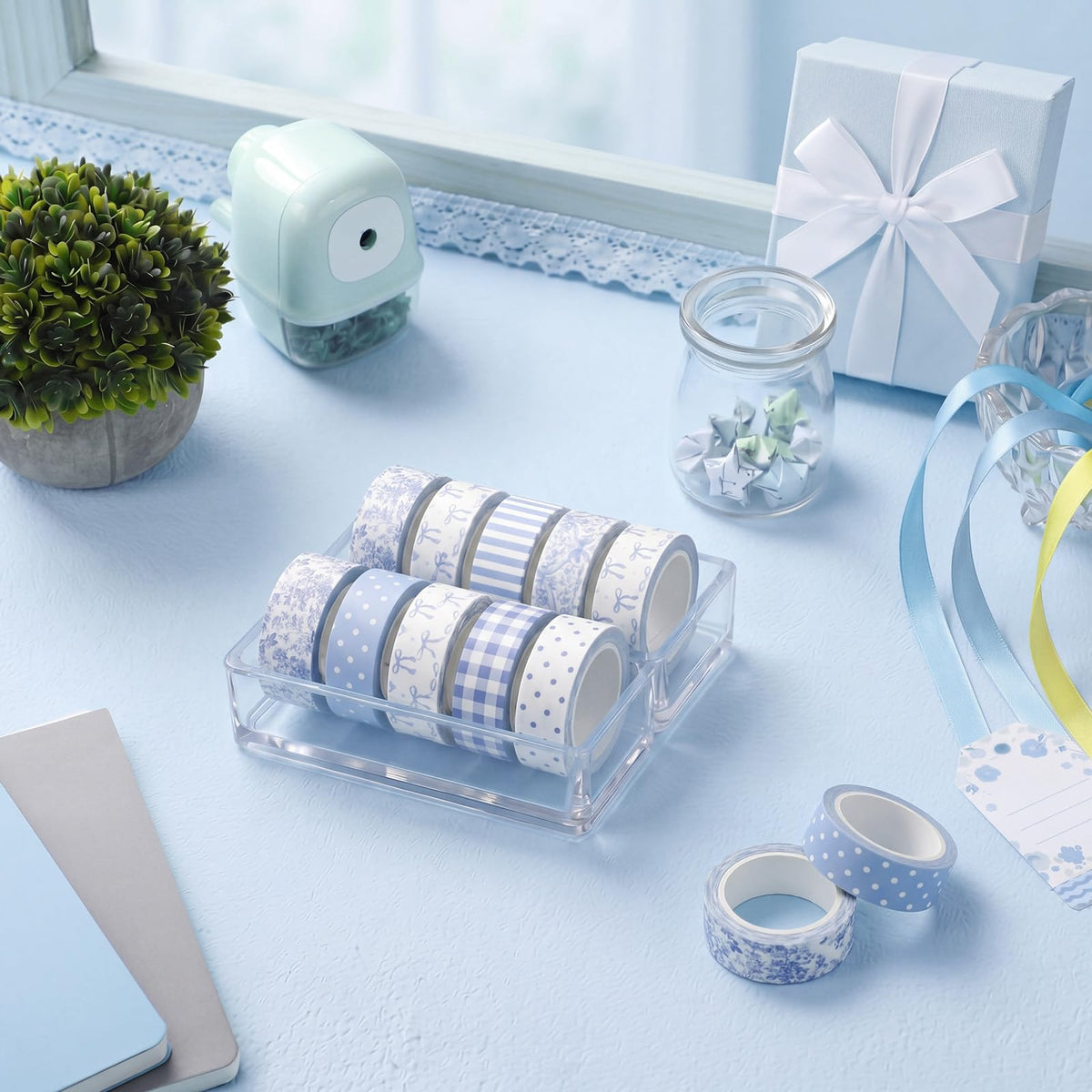 YooNotee 12 Rolls Floral Washi Tape Set,Blue and White,Floral