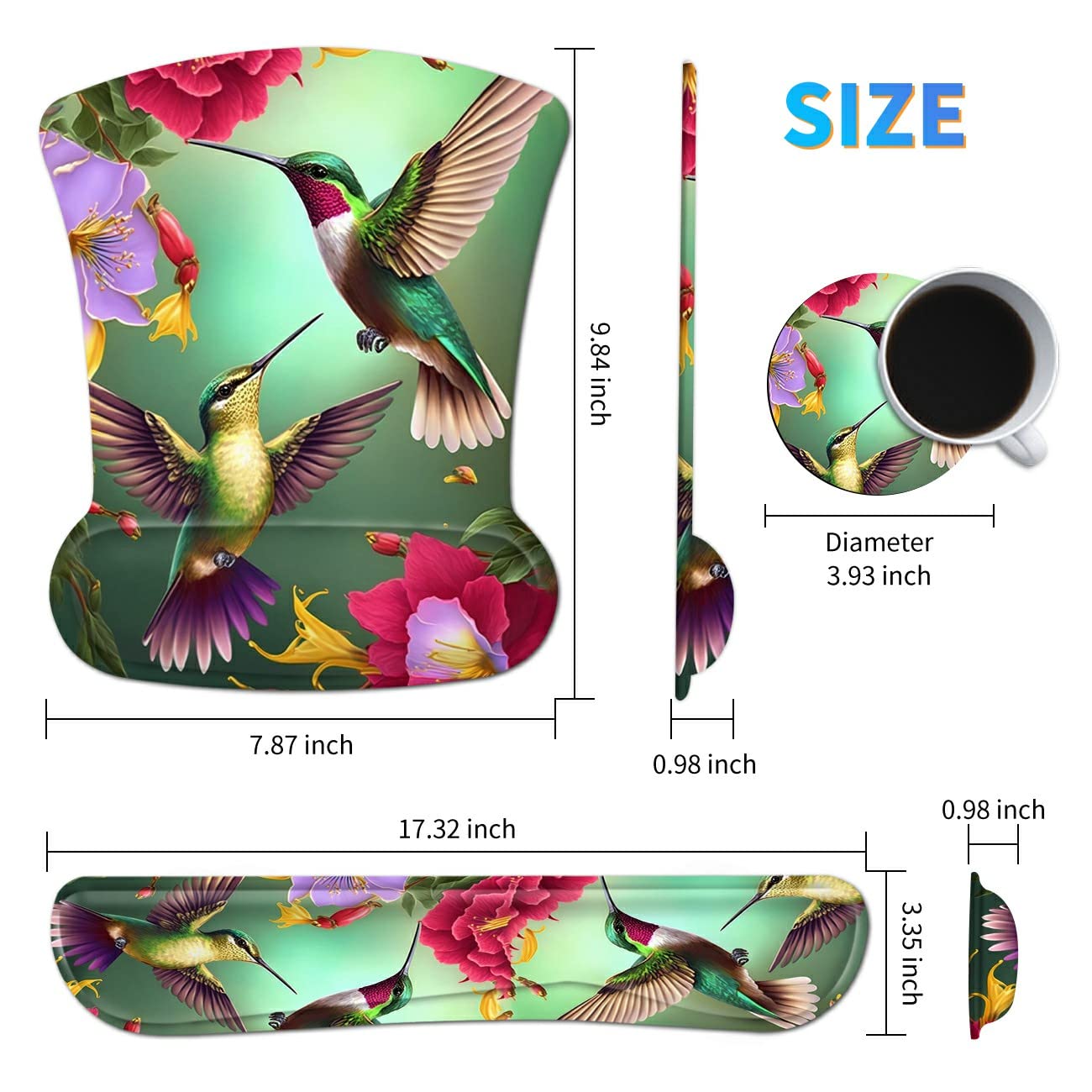 3Pcs Ergonomic Memory Foam Keyboard Wrist Rest Pad Set, Floral Hummingbird