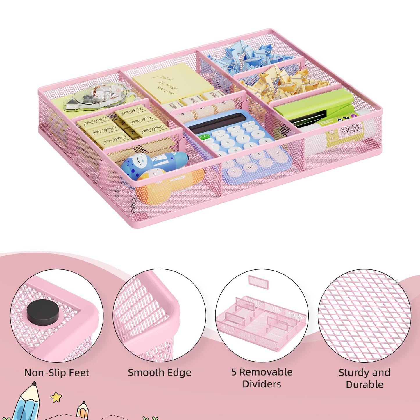 Marbrasse Desk Drawer Organizer, Metal Mesh Drawer Organizer Tray with 5 Adjustable