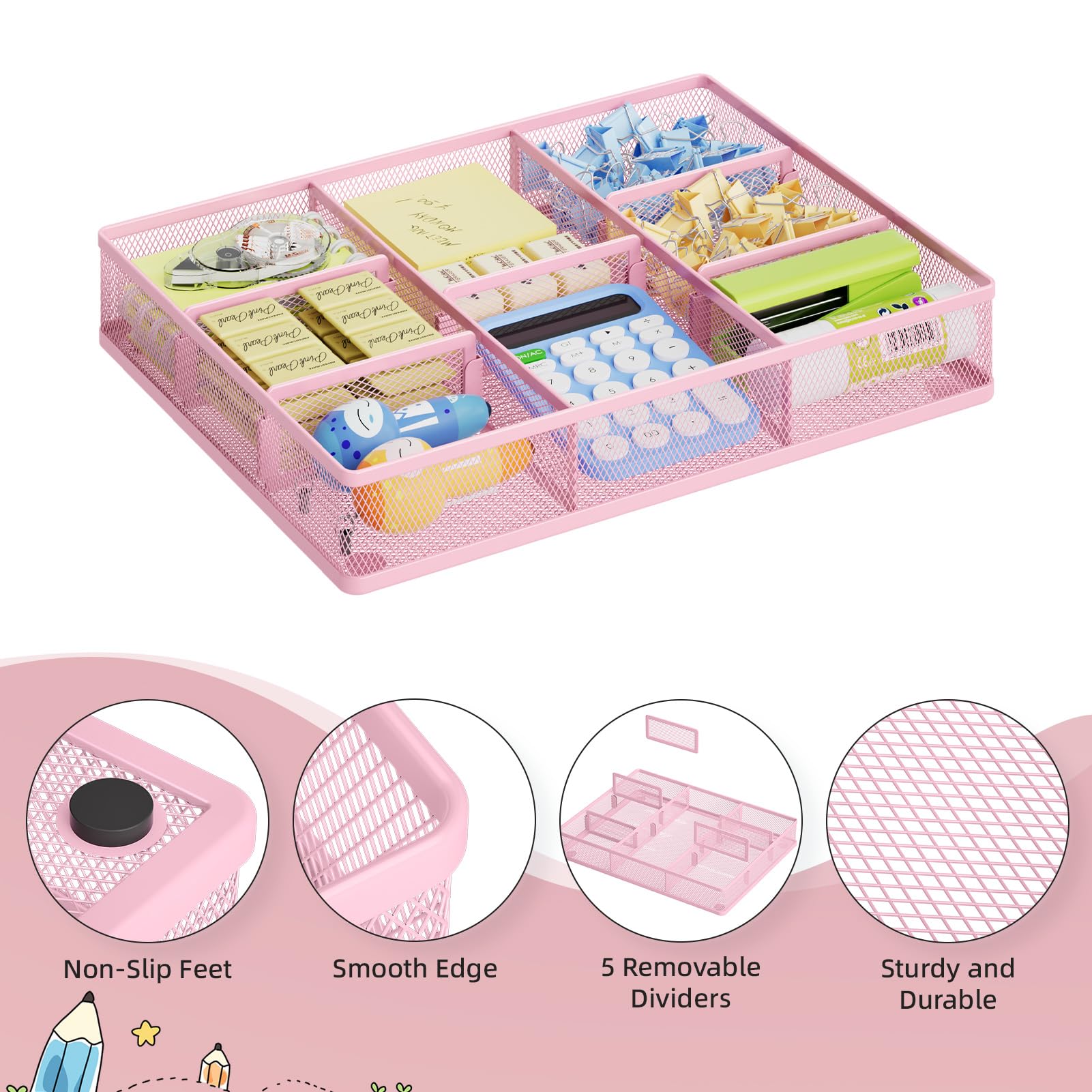 Marbrasse Desk Drawer Organizer, Metal Mesh Drawer Organizer Tray with 5 Adjustable