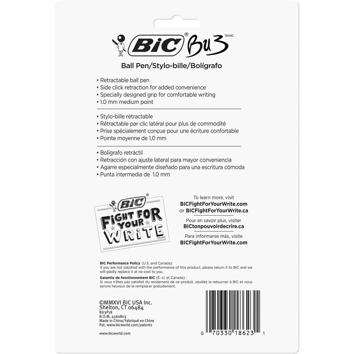 BIC BU3 Grip Retractable Ballpoint Pen, Medium Point, Black, 18-Count