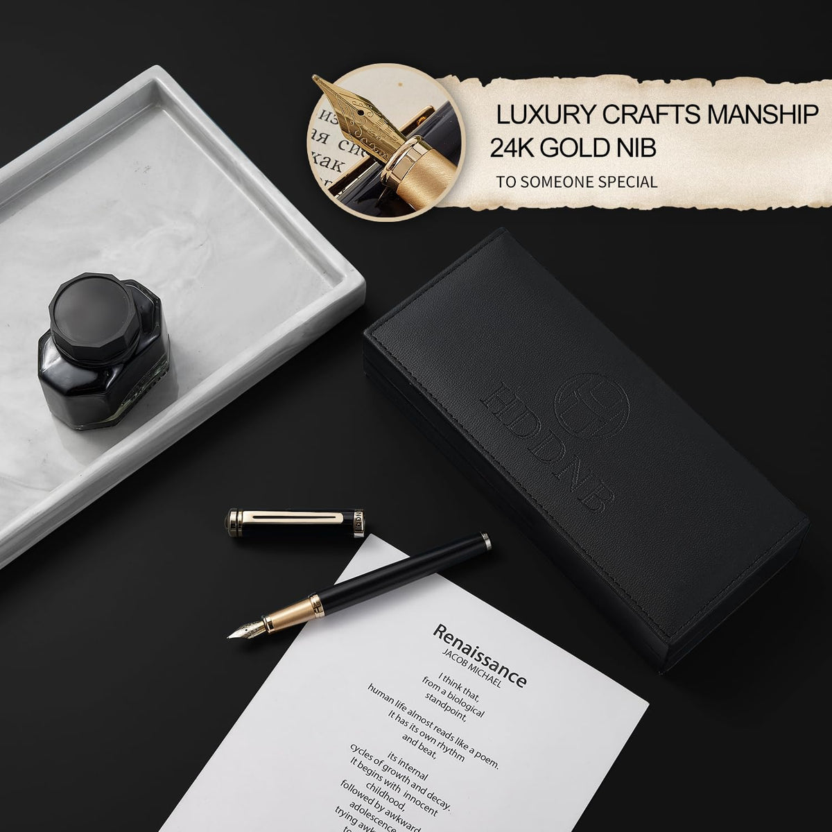 HDDNB Black Luxury Fountain Pen Set for Men and Women with Gift Box, 24K Gold Finish and Gilded