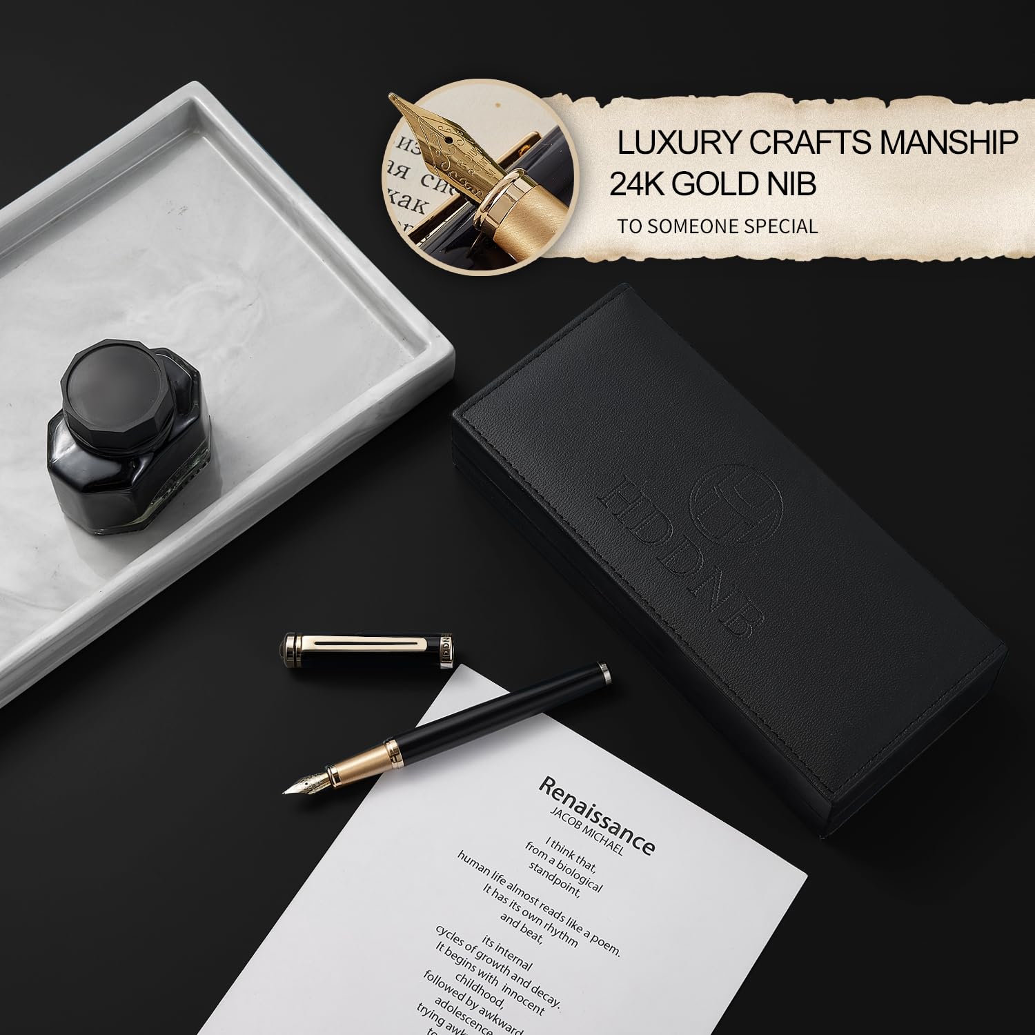 HDDNB Black Luxury Fountain Pen Set for Men and Women with Gift Box, 24K Gold Finish and Gilded