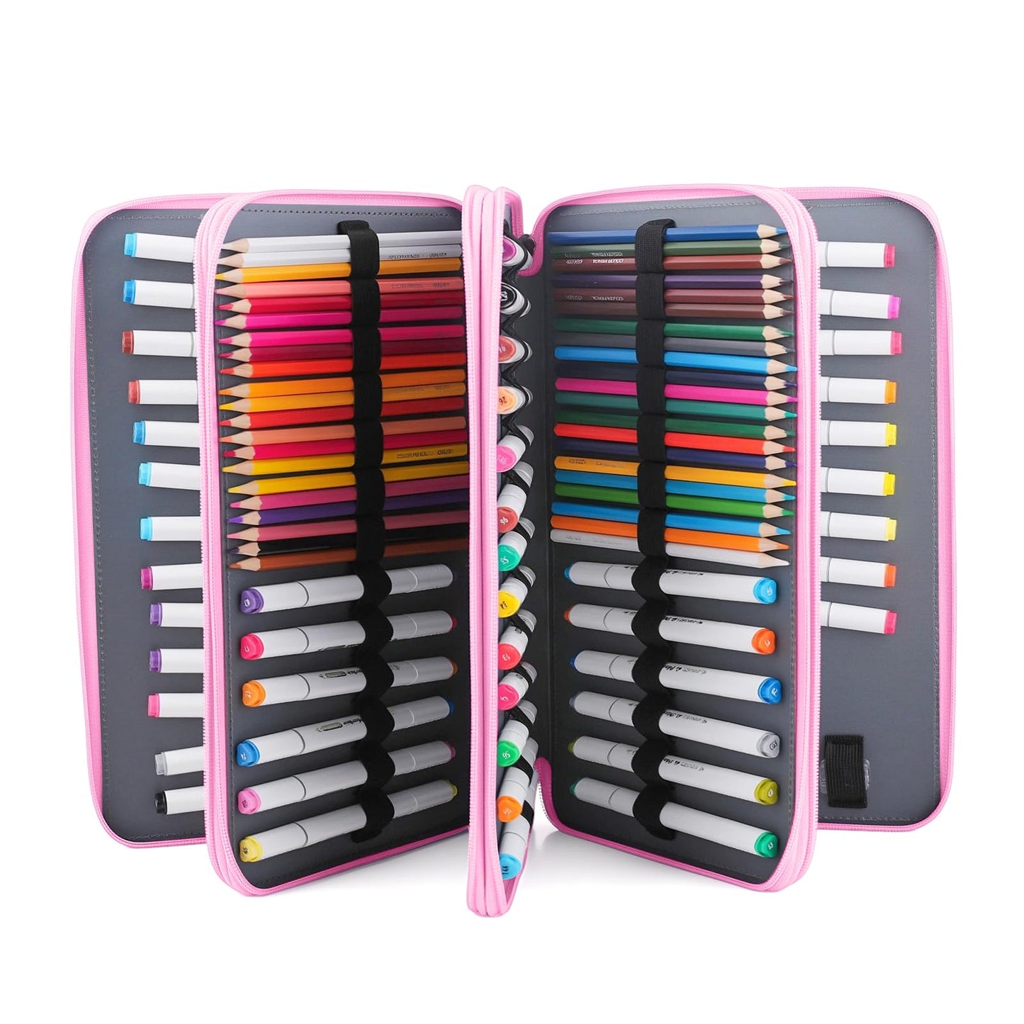 Vomgomfom 300 Slots Marker Case 4-Layer PU Leather, Handle, Pink Rose