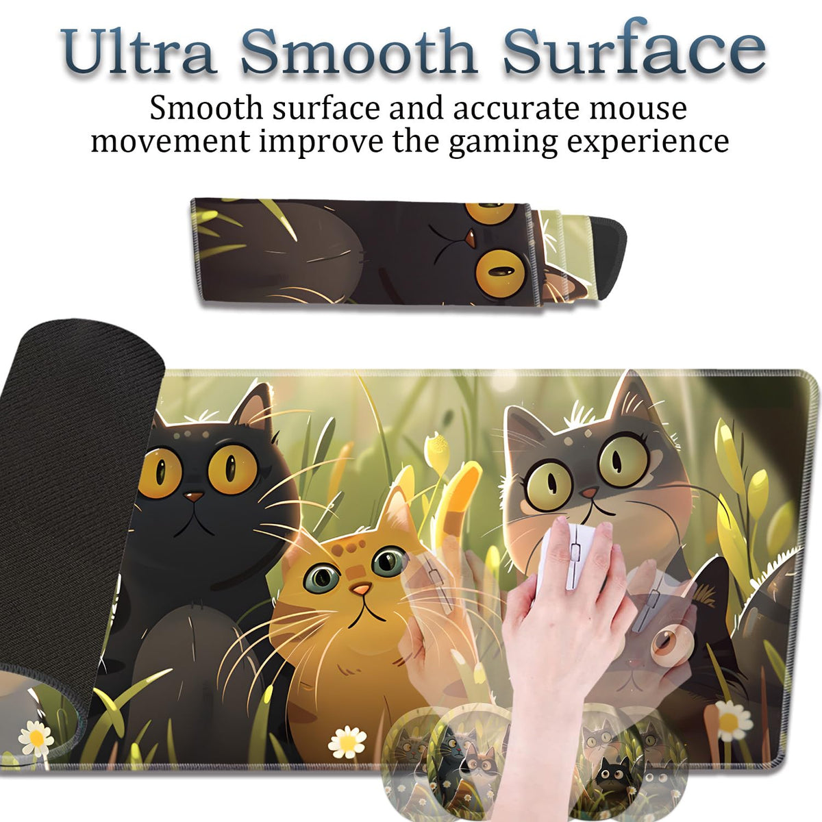 3-Piece Cartoon Cat Mouse Pad Set, Including Wrist Support Pad and Cup Holder, with Waterproof and