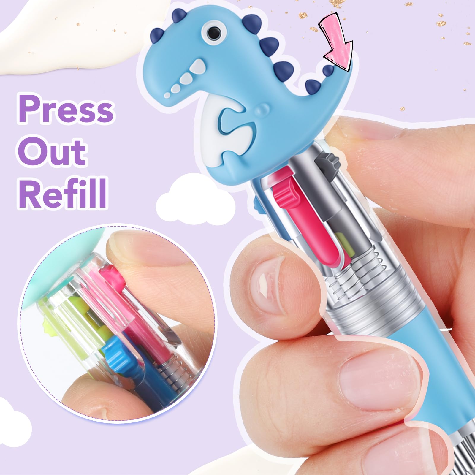 BESARME 48 Pcs Dinosaur Pens for Students, 4-in-1 Cute Pen Gifts