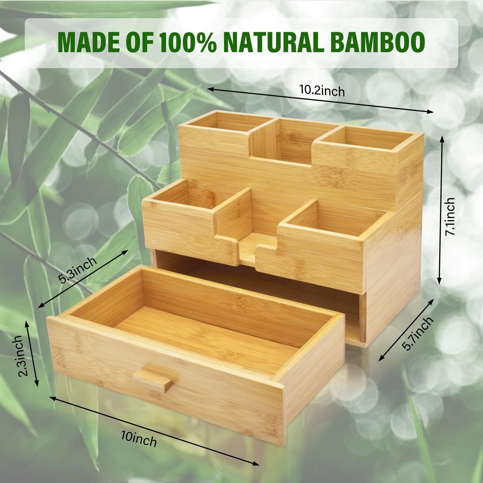 Charmlife Bamboo Desk Organizer - Countertop Drawers Organizer Tabletop Storage Organization Makeup
