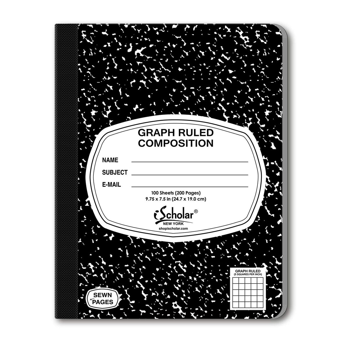 iScholar Composition Book, 100 Sheets, 5 x 5 Graph Ruled, 9.75 x 7.5-Inches, Black Marble Cover