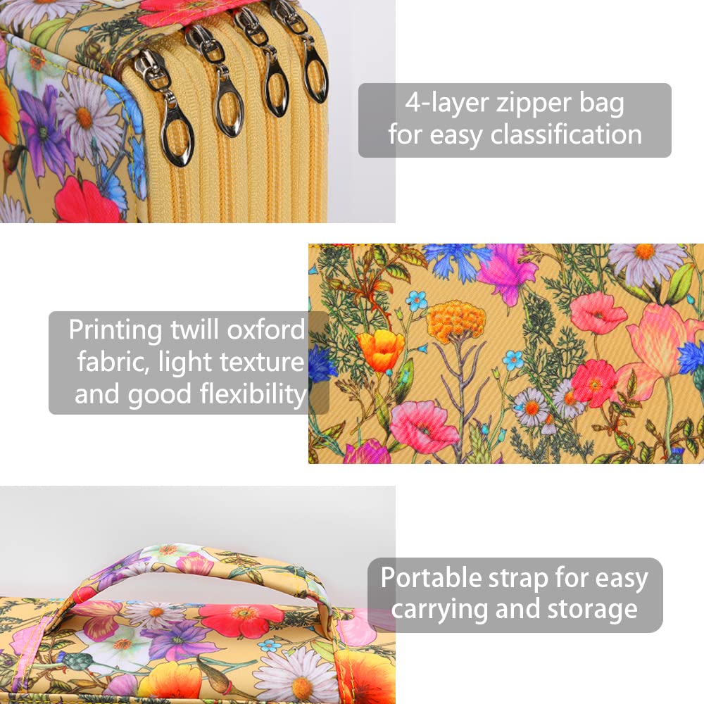 Vomgomfom 300 Slots Marker Case 4-Layer PU Leather, Handle, Yellow Flower