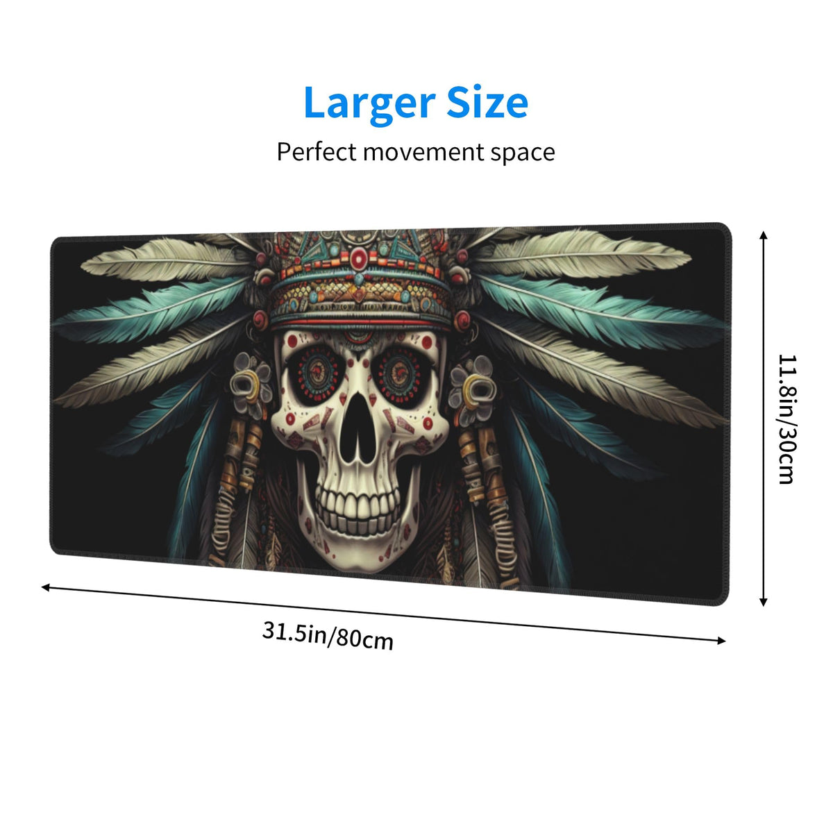 Cute Intricately Decorated Skull with Feather Headdress Pattern Mouse Pad 31.5 x 12 Inch, Non-Slip