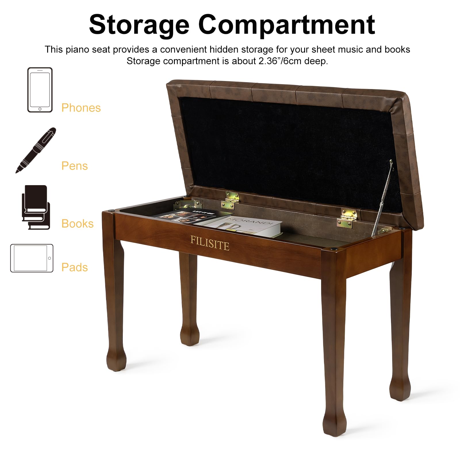 FILISITE Duet Piano Bench with Storage, Wooden Piano Stool with Waterproof Padded Cushion, Bench