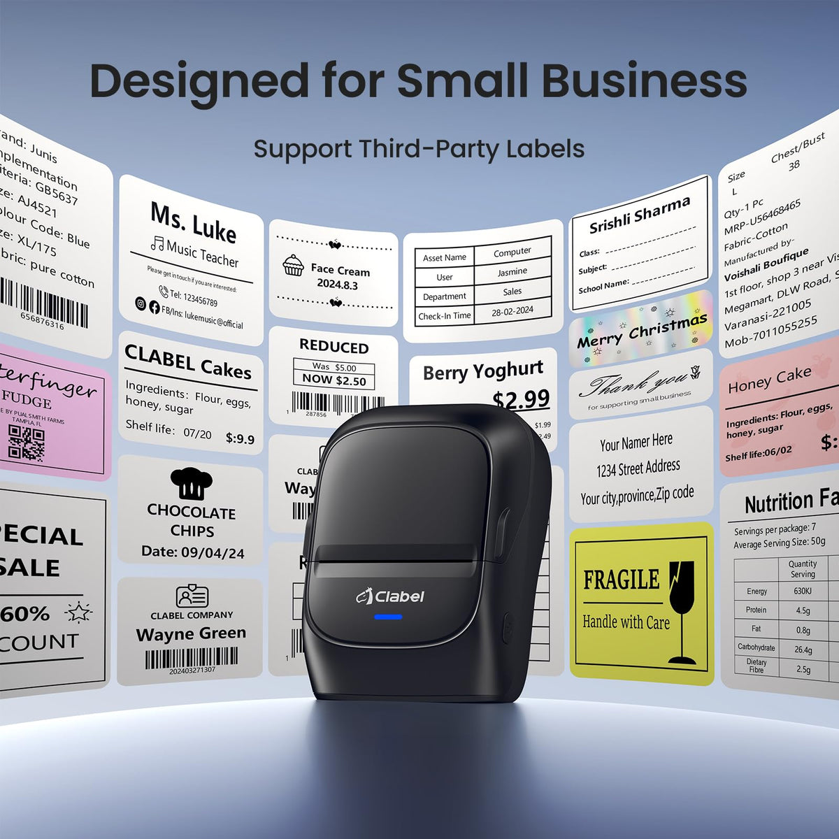 CLABEL 221B 2" Bluetooth Thermal Label Printer, 5 Label Rolls