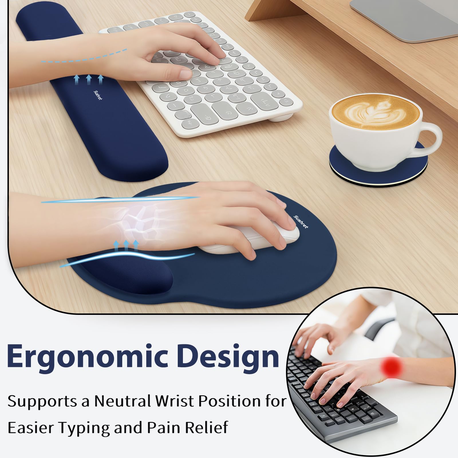 Sushret Mouse Pad and Keyboard Wrist Rest, 3-in-1 Gel Memory Foam Ergonomic Mouse Pad with Wrist
