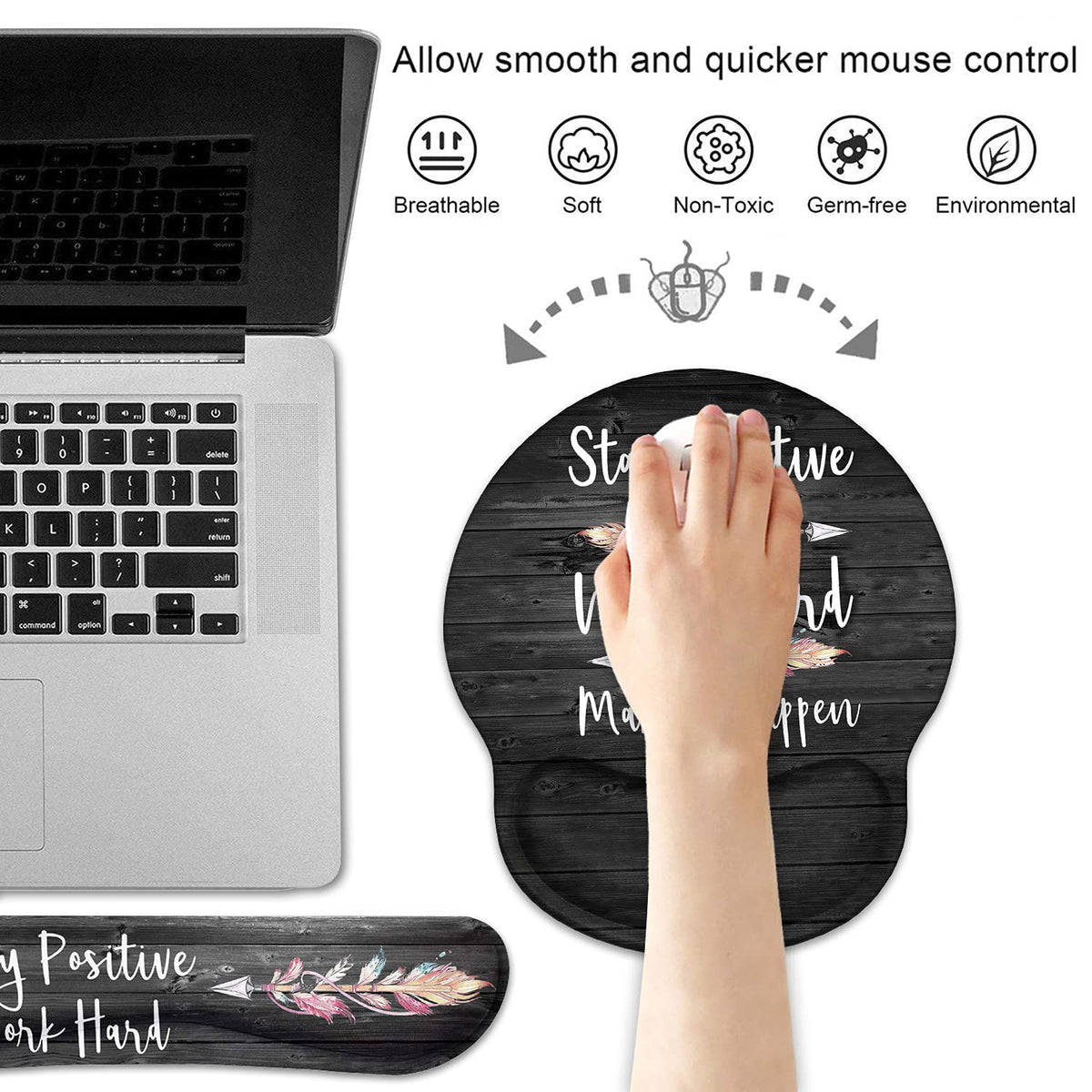 Keyboard Wrist Rest and Mouse Pad Wrist Support Set with Coasters, Stay Positive Work Hard and Make