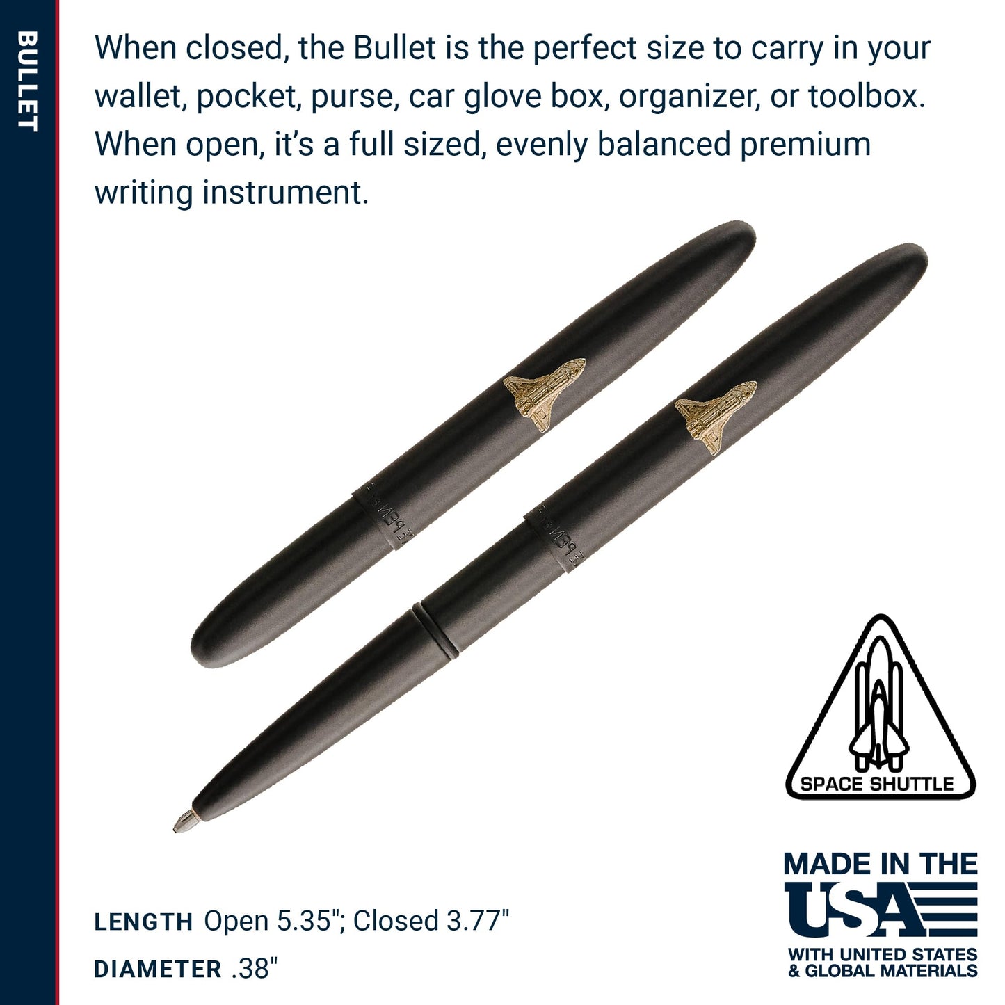 Fisher Space Pen Matte Black Shuttle Emblem Pressurized Ballpoint Bullet