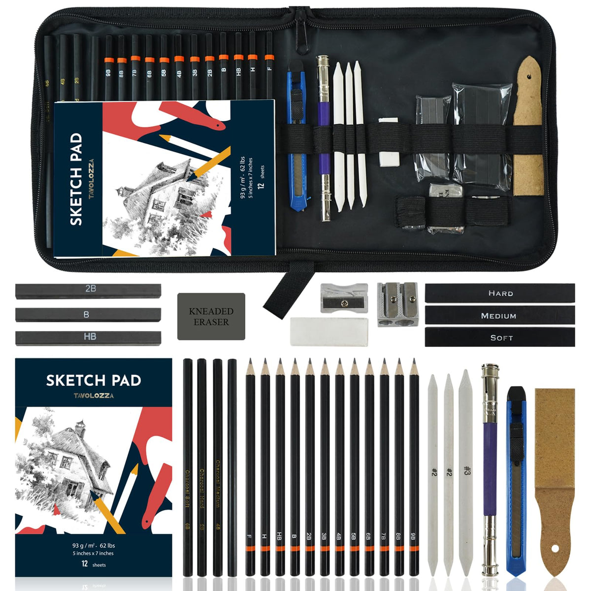 Tavolozza Drawing Art Pencils Set, 34 Pack Professional Drawing and Sketch Pencil Set in Soft-Sided