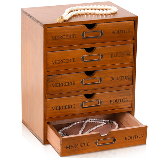 Wesiti Wooden Desk Organizer, 5 Drawers, Vintage Makeup Cabinet, Brown