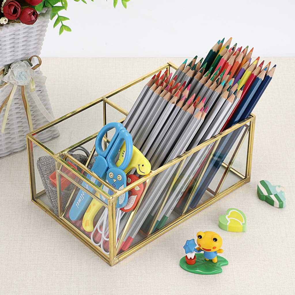 Hipiwe Vintage Gold Metal Desk Organizer - Glass Make up Brushes lipstick Holder Dresser Organizer