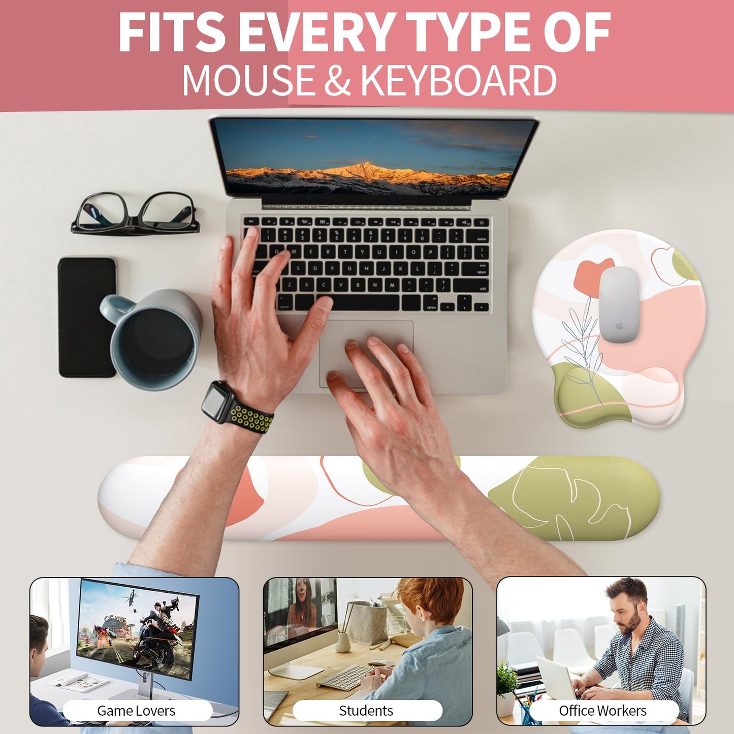 eulps Mouse Pad Wrist Support, Ergonomic Memory Foam Keyboard Wrist Pad & Gel Wrist Rest Set for