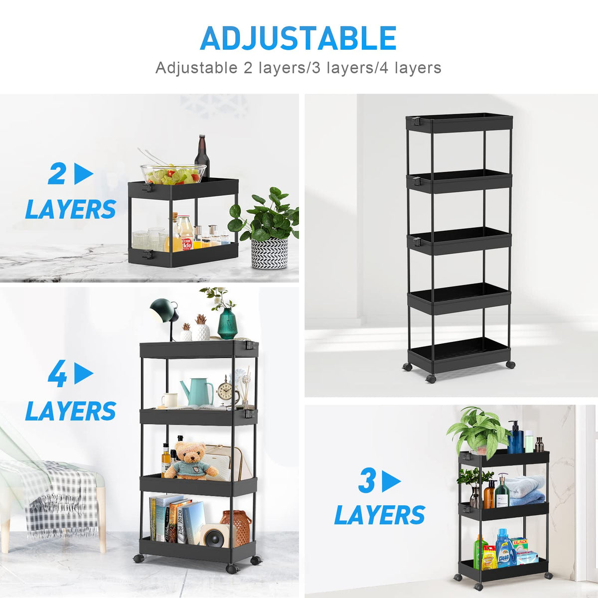 SPACEKEEPER 5 Tier Storage Rolling Cart, Bathroom Cart with Wheels, Black