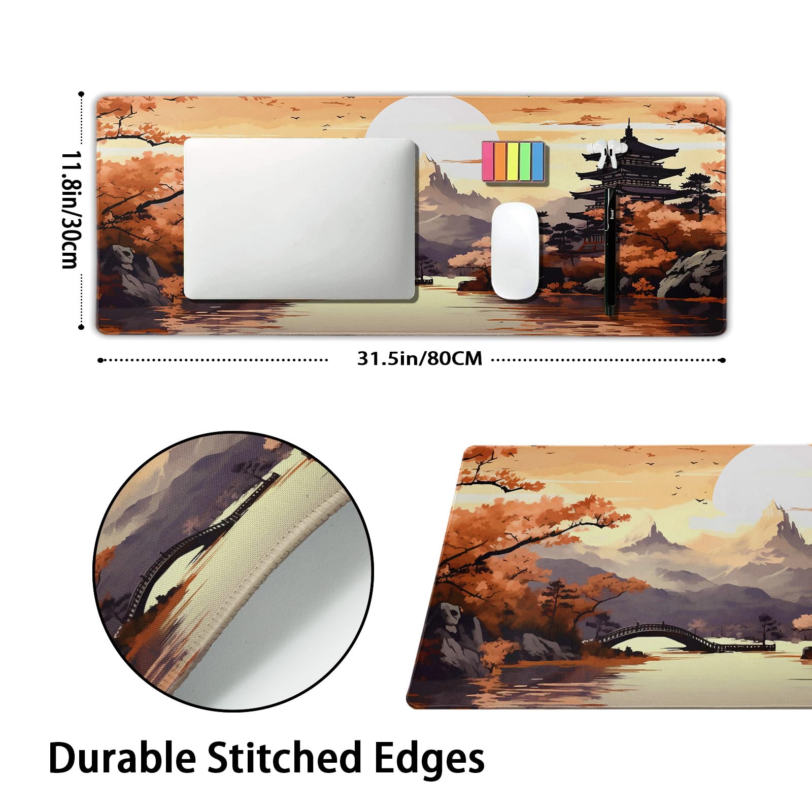Orange Japanese Sakura Gaming Mouse Pad XL Yellow Cherry Blossom Mountain Aesthetic Large Desk Mat