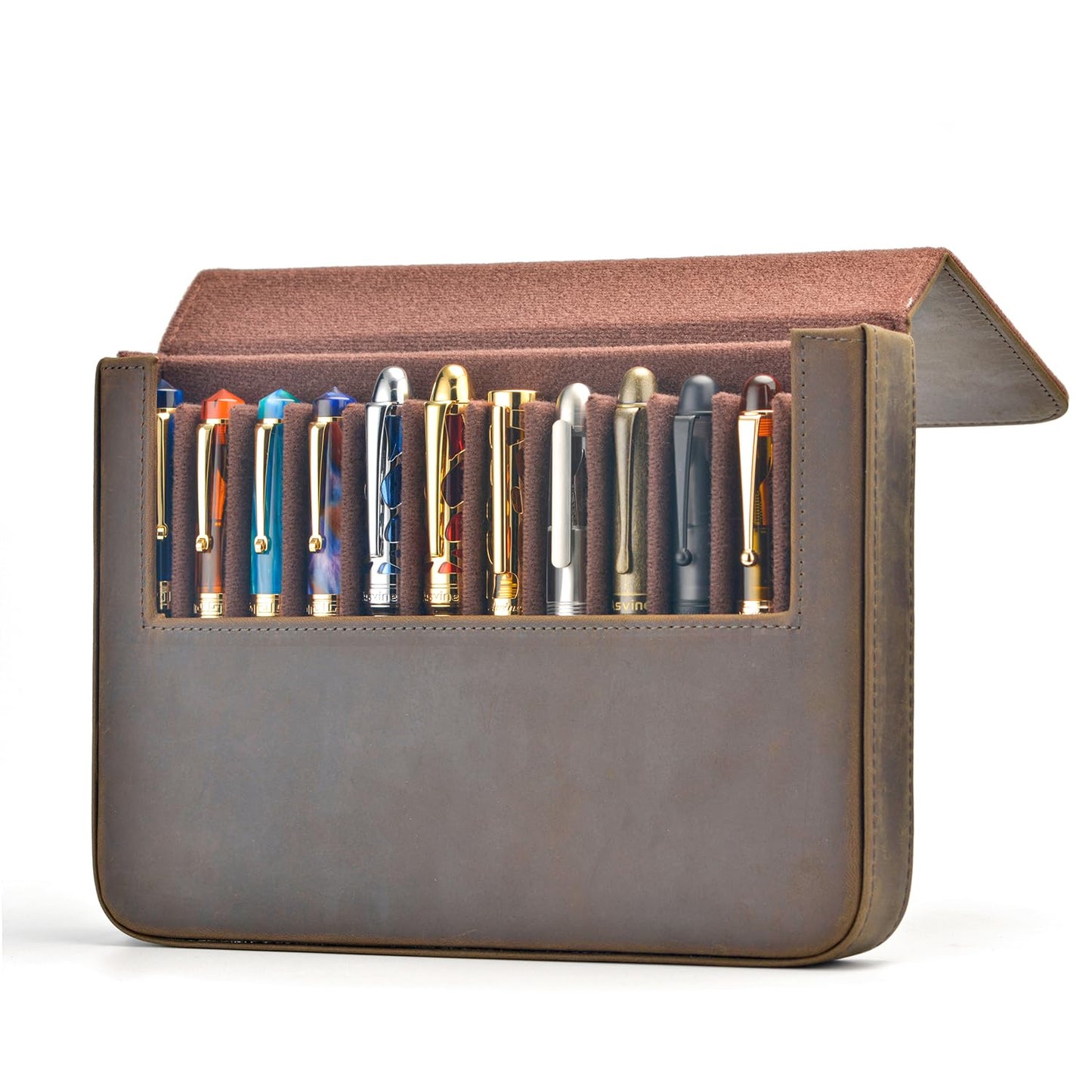 Lanxivi 12 Fountain Pen Case Genuine Leather Organizer, Crazy Horse Cowhide Leather Portable Pen