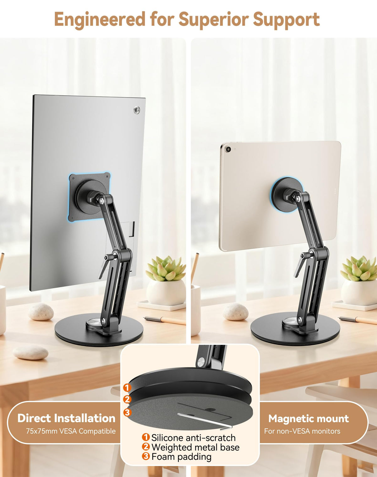 Jakeko Magnetic Portable Monitor Stand VESA Mount 75mm Travel 360° Swivel