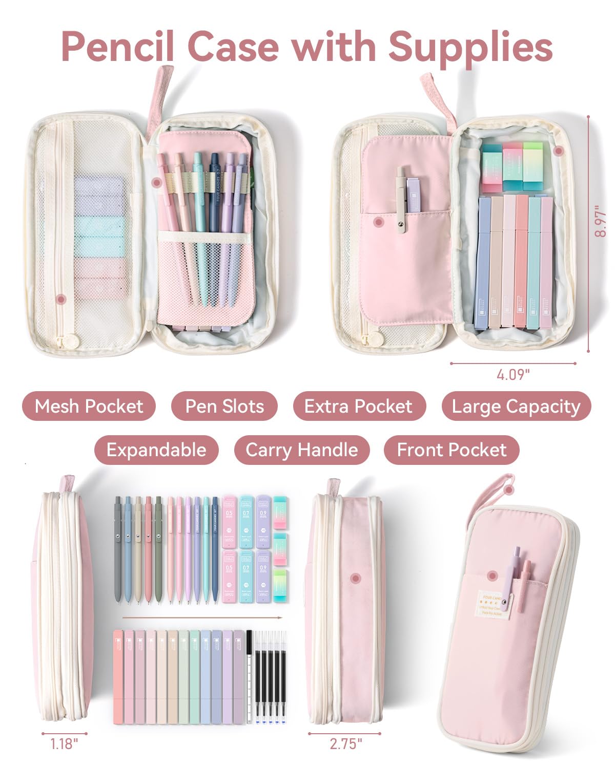 Four Candies School Supplies with Cute Pencil Case, 39ct, Pink