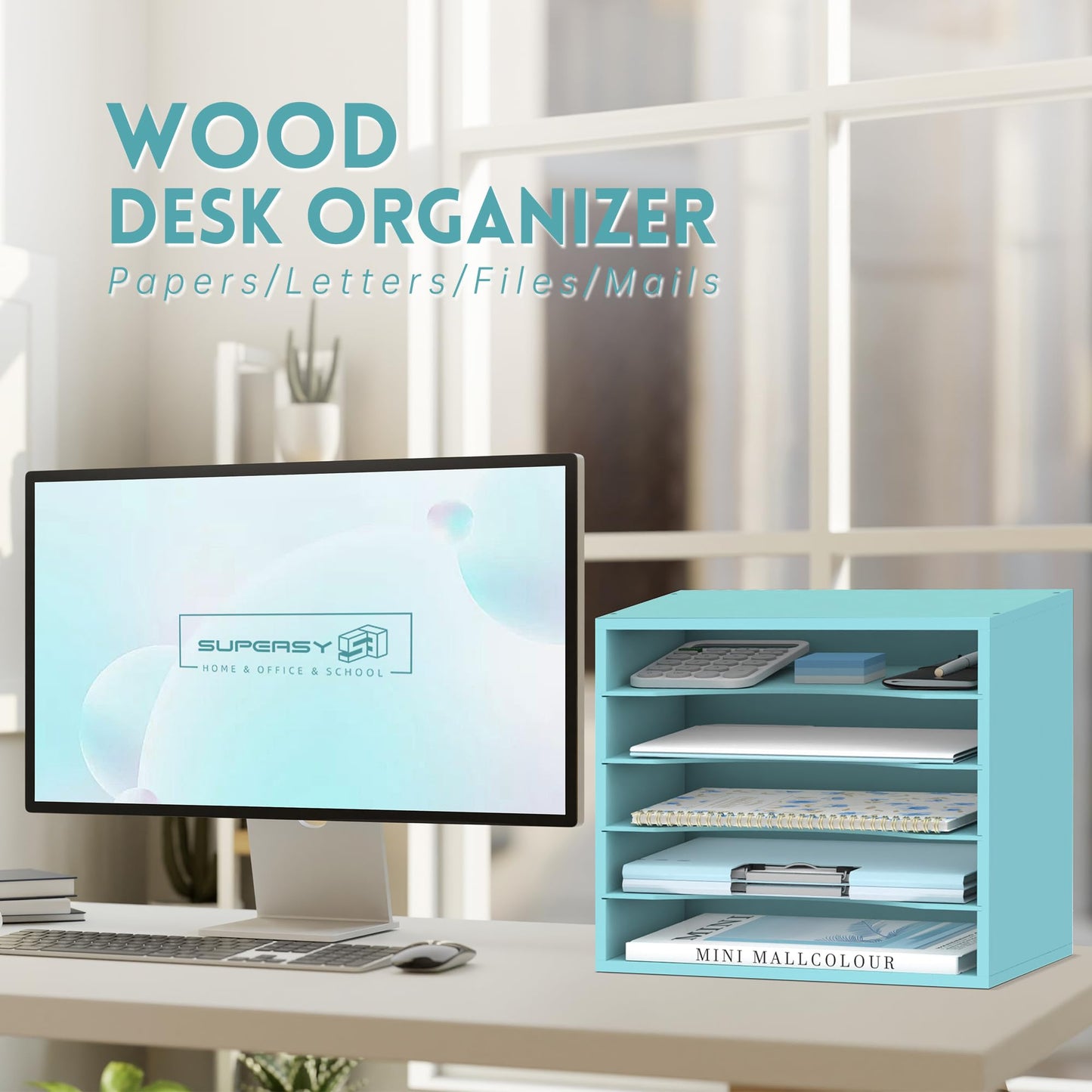 5 Tier Wood Desk Organizer, Mail Sorter and Paper Organizer for Desk, Blue