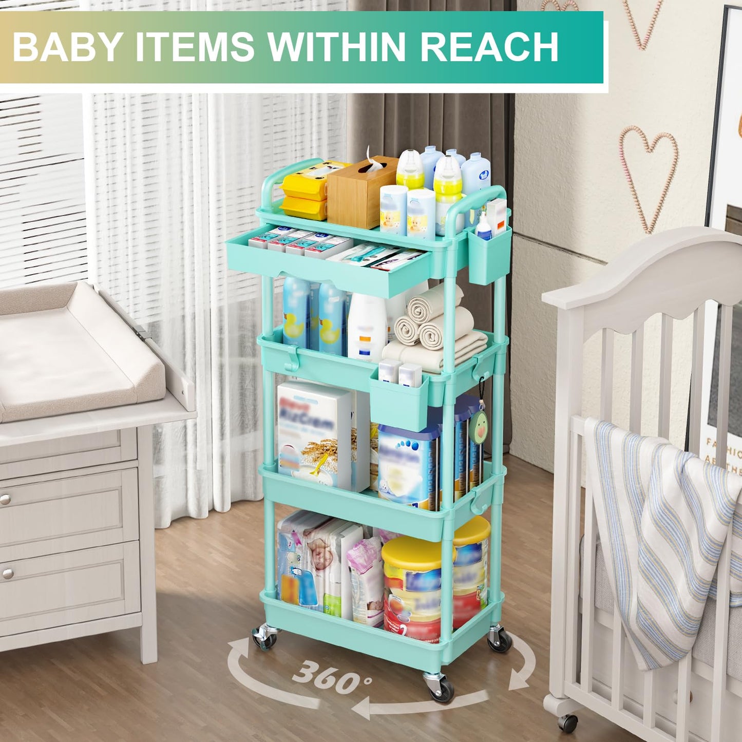 Goovilla 4 Tier Rolling Utility Cart Organizer with Removable Drawer, Blue