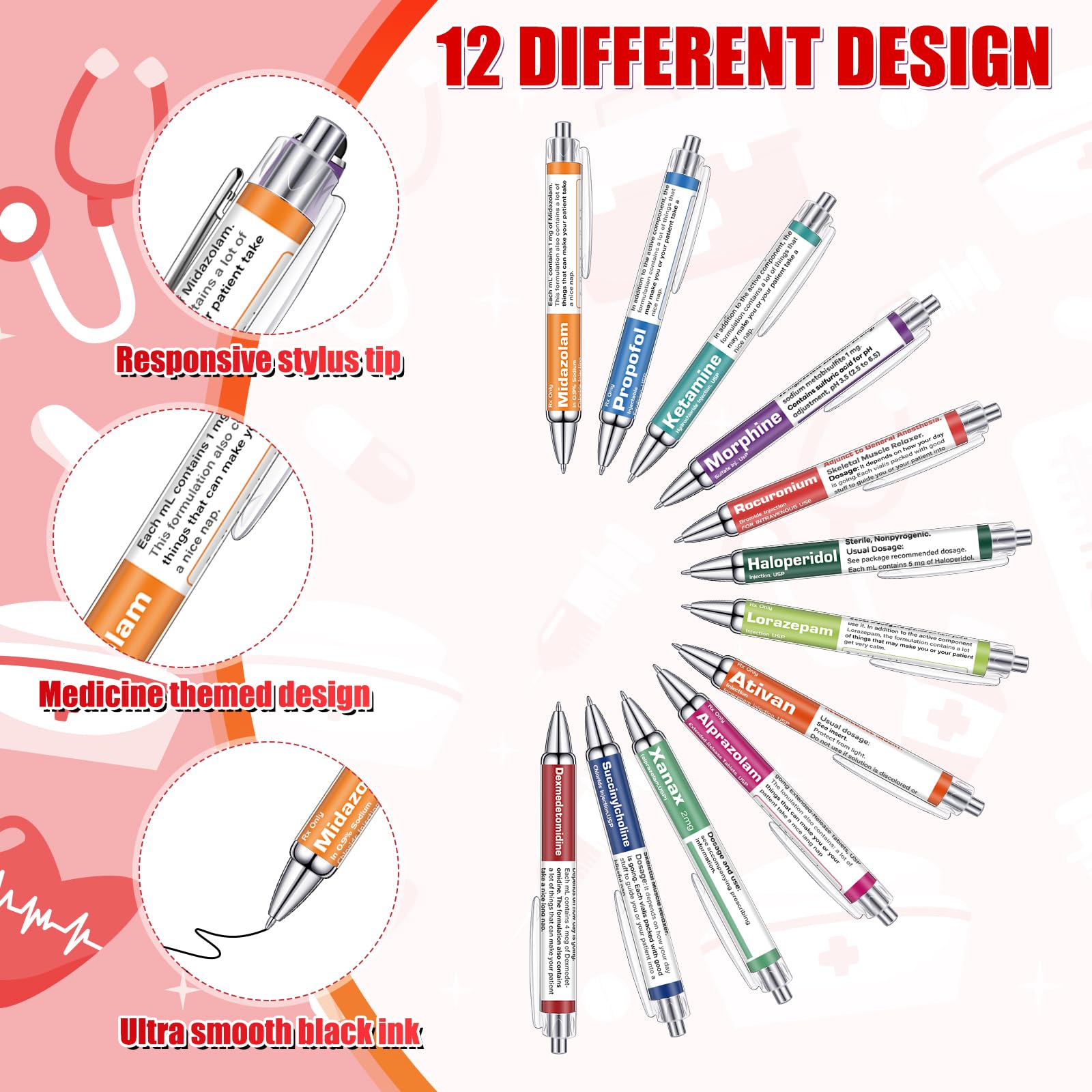48 Pcs Pharmacy Pens Gifts for Nurse Pharmacist, Funny Drug Retractable Ballpoint Pens, Nurses Week
