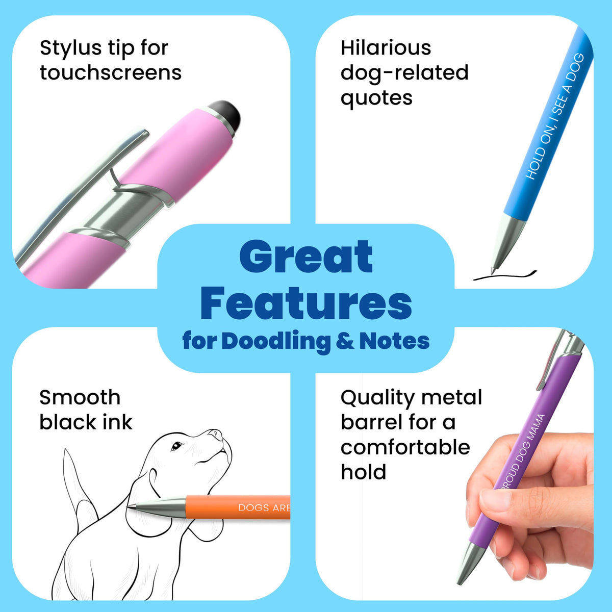 Funny Dog Mom+Lover Gift Pen Set, 5 Black Ink Ballpoint Pens, Stylus Tip