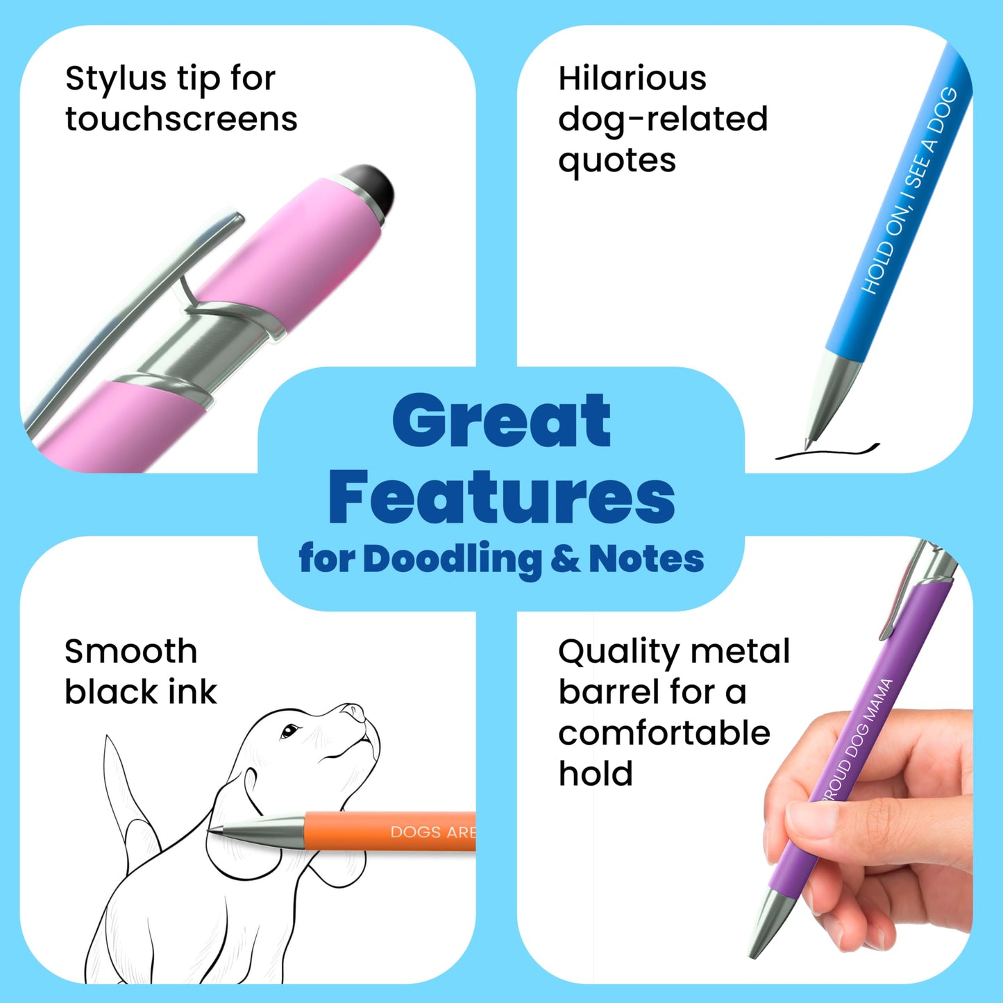 Funny Dog Lover Gift Pen Set, 5 Black Ink Ballpoint Pens, Stylus Tip, 2Pack