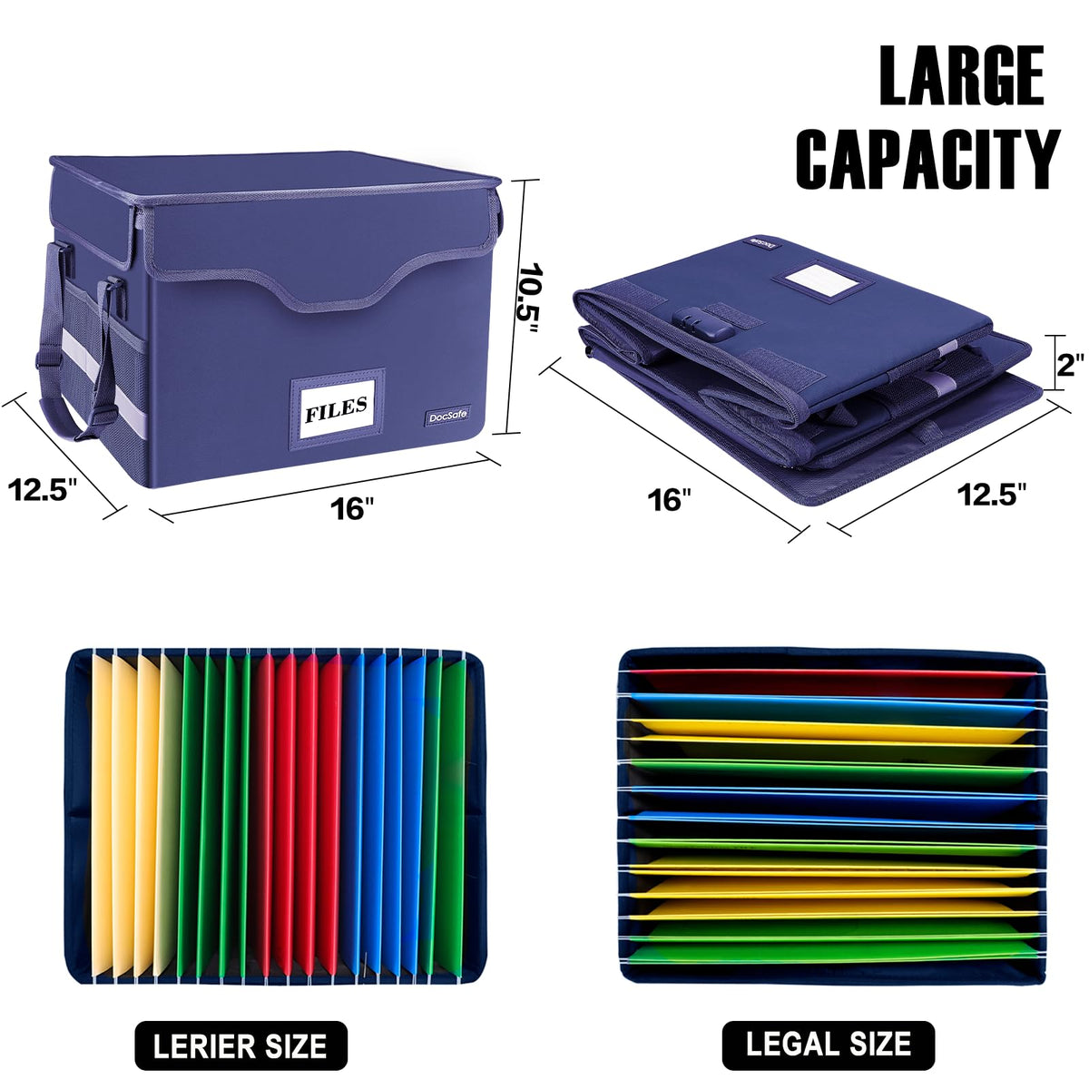 DocSafe Fireproof Document Box with Lock,File Storage Organizer with Pockets,Collapsible Portable