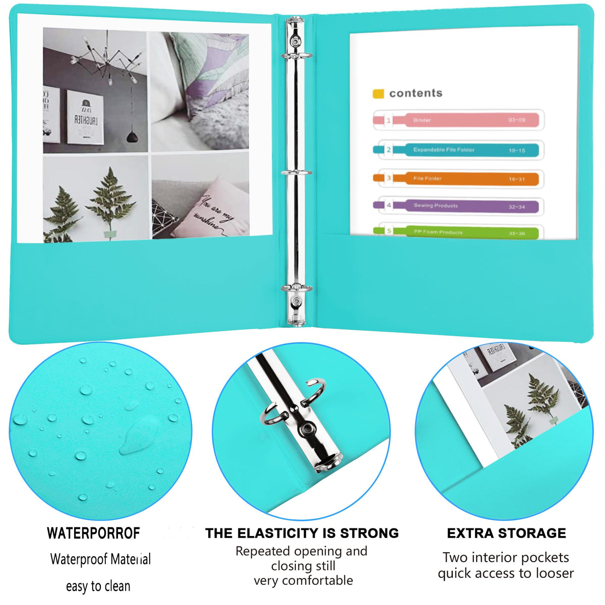 3 Ring Binders,1” Round Ring, Holds 8.5 * 11inch Papers, with 2 Pockets,6 Colors Binder Assorted