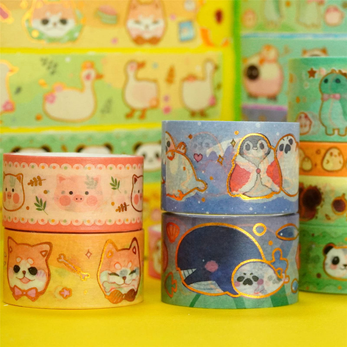 YUBX Cute Pets Washi Tape Set 13 Rolls Wide Gold Embellishment Decorative Masking Tapes for Arts