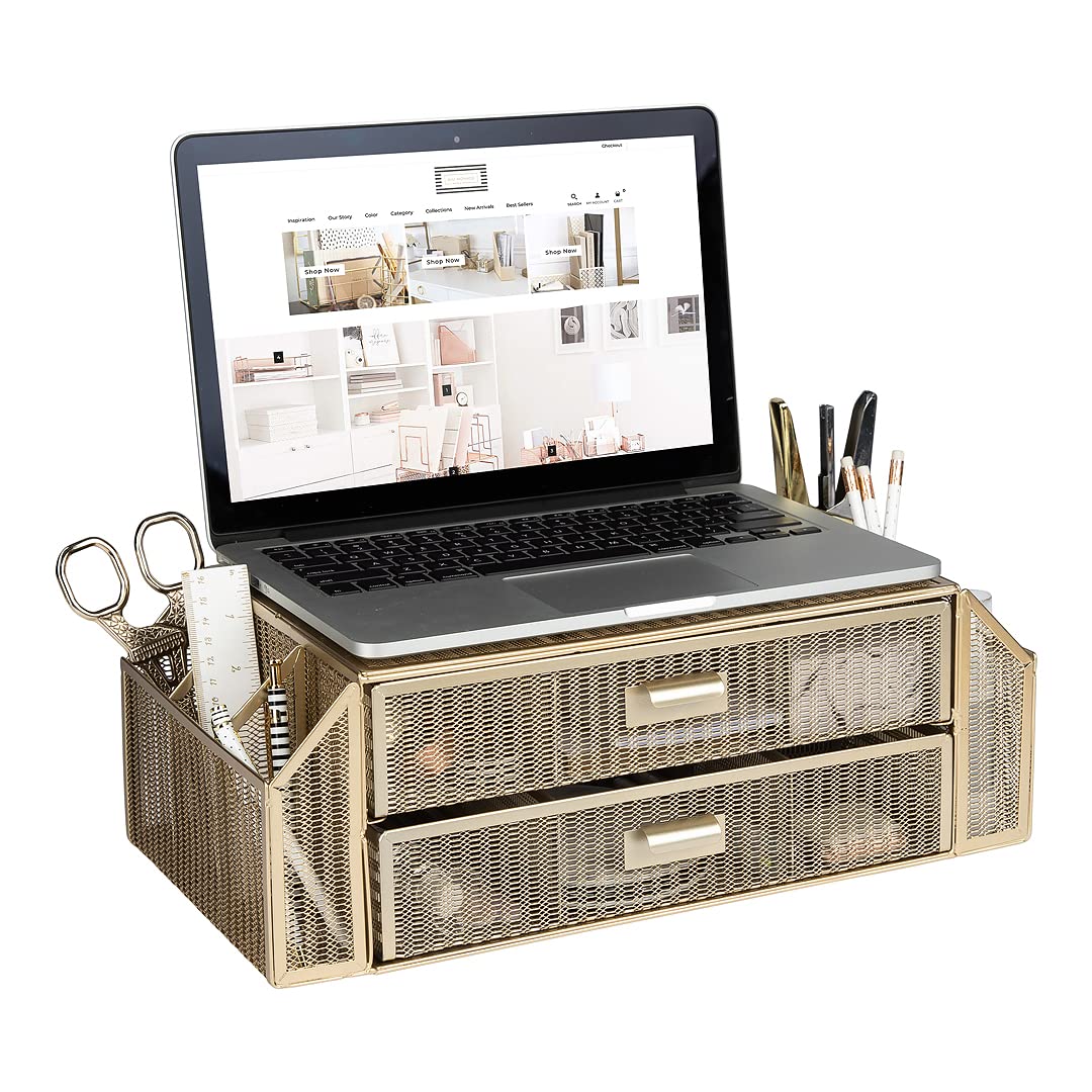BLU MONACO | Monitor Stand with Drawer Storage | Desk Top Monitor Stand Riser Gold | Computer