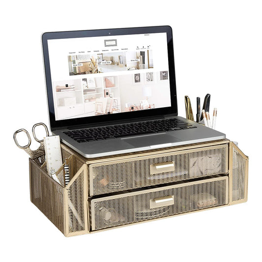 BLU MONACO | Monitor Stand with Drawer Storage | Desk Top Monitor Stand Riser Gold | Computer