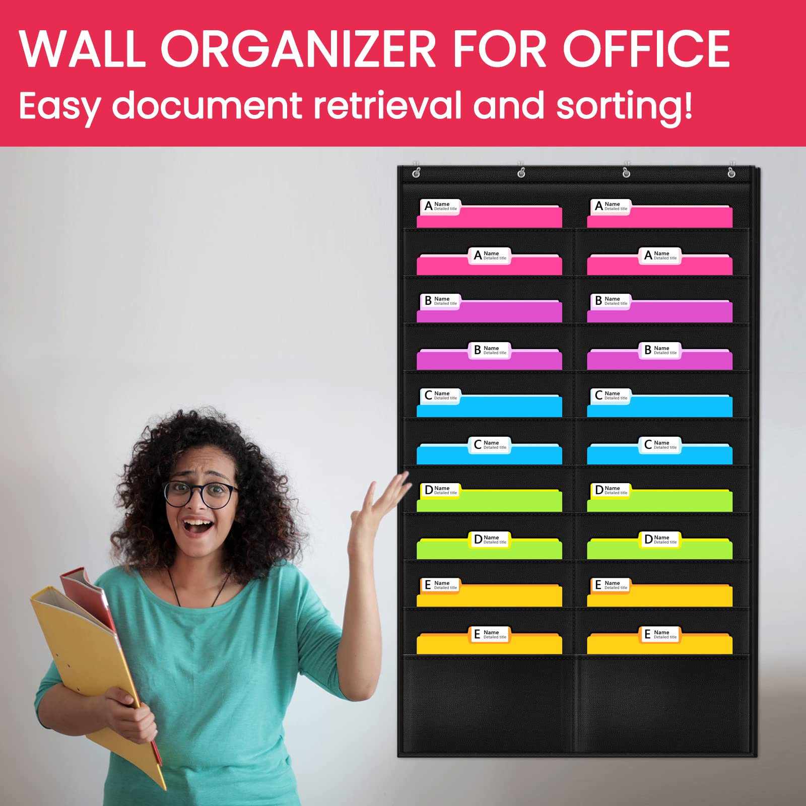 Godery Folder Pocket Chart (Black), Cascading Wall Organizer for School, Classroom, Home or Office