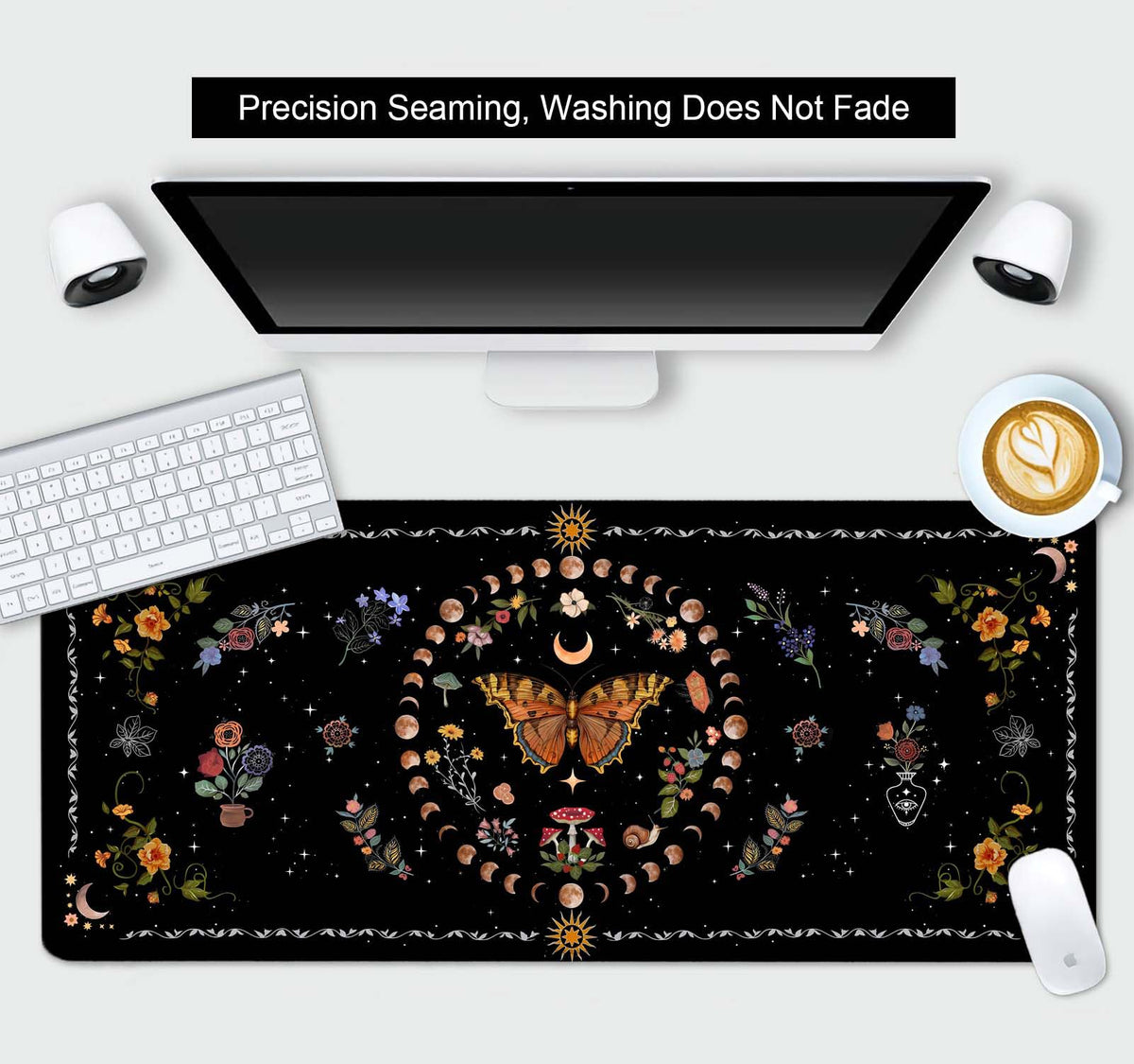 SXCKANG Gothic Moth Desk Pad, Black Orange Floral Plant Large Gaming Mouse Pad, Moon Phases