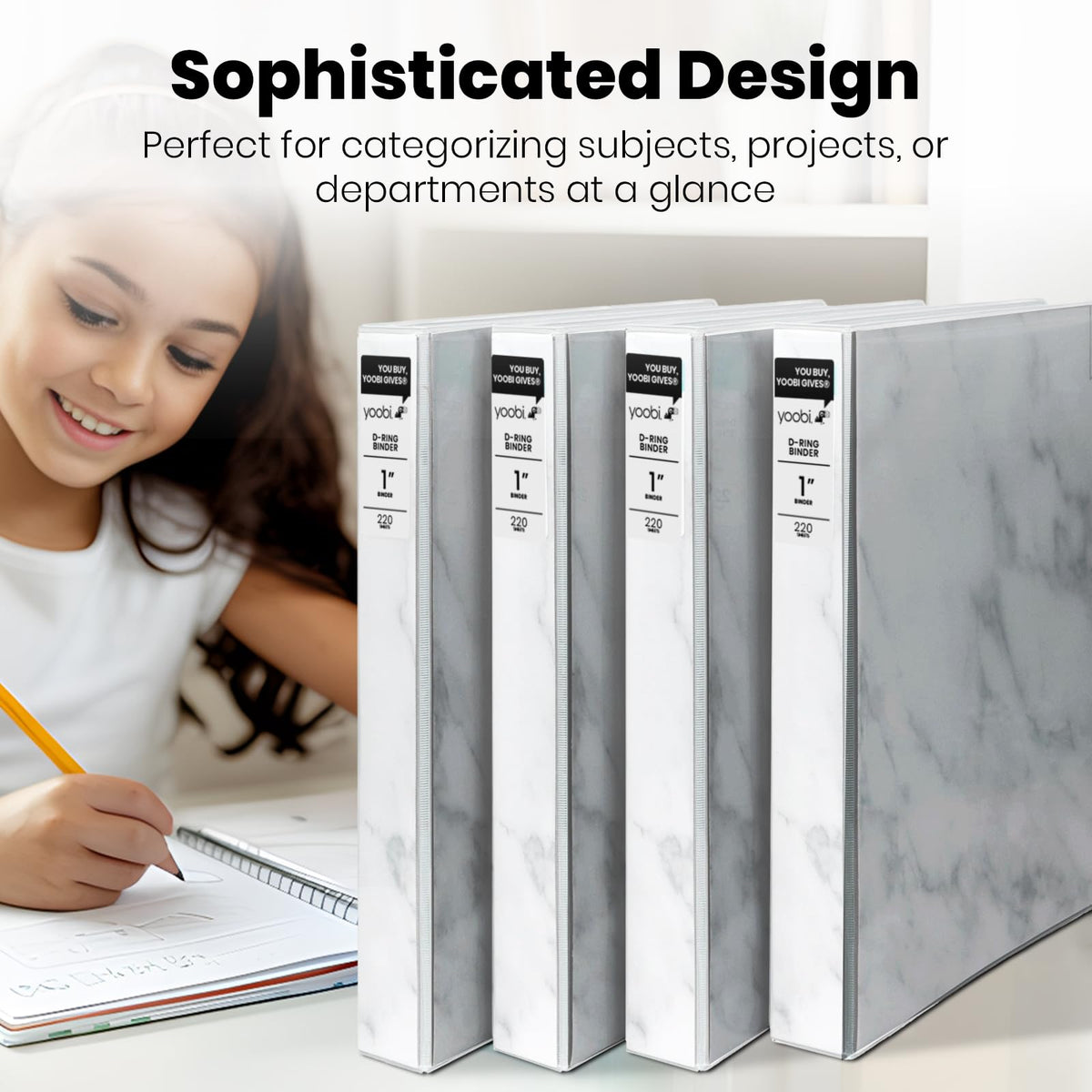 Yoobi 1 Inch Marble Gray 3-Ring Binders, PVC-Free, 220 Sheets, 4-Pack