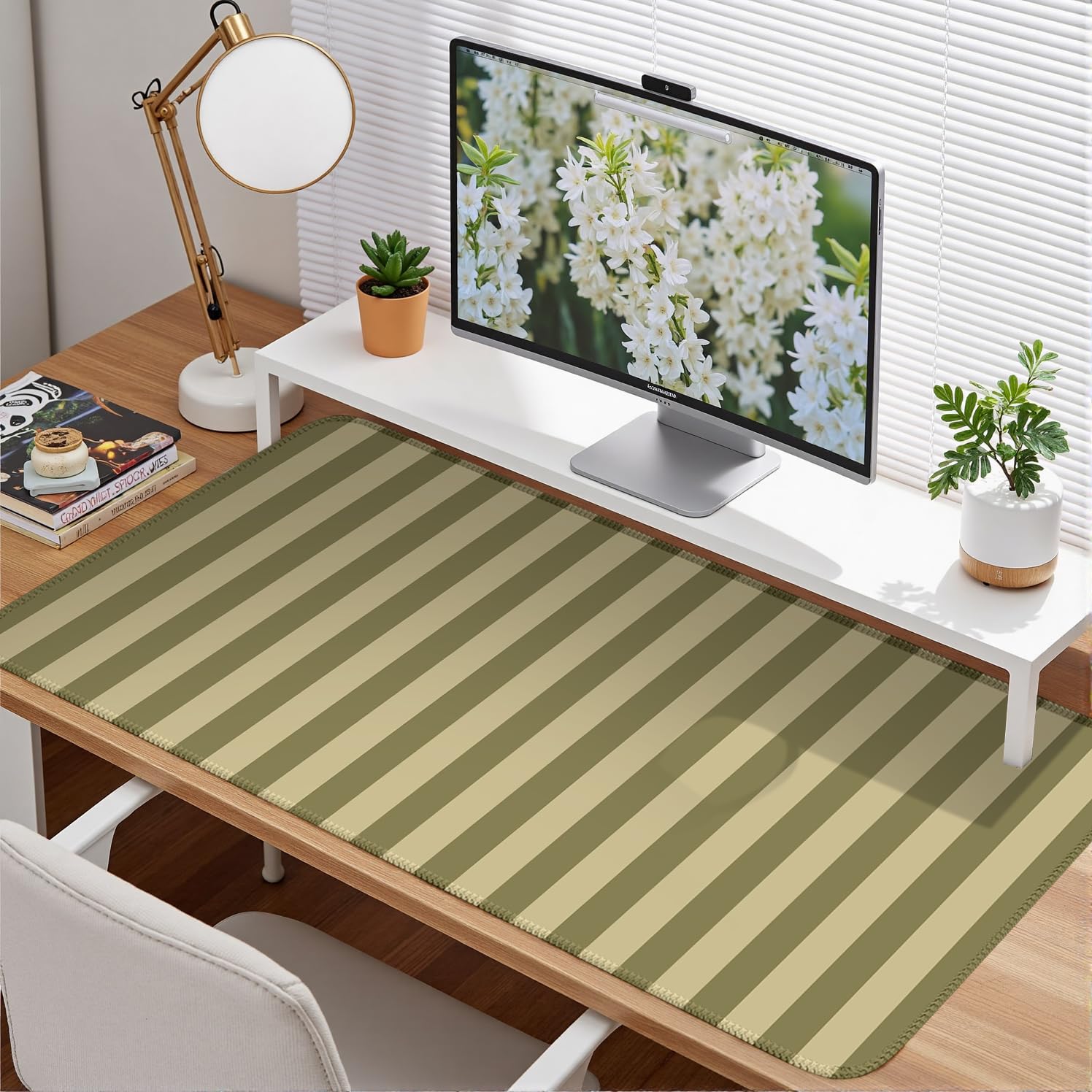 Olive Yellow Striped Desk Mat Cute Pastel XXL Large Gaming Mouse Pad Desk Pad Kawaii Cozy Aesthetic