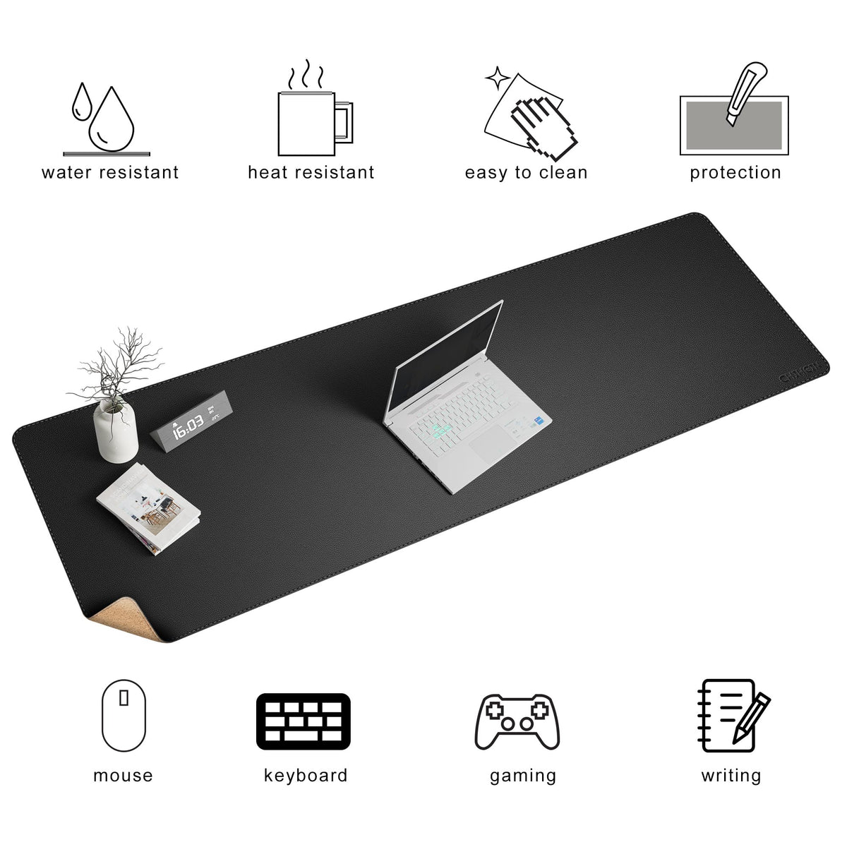 Chihein 63” x 20” Cork & PU Leather Desk Mat (Black) - Huge Mouse Pad, Double Sided Waterproof Desk