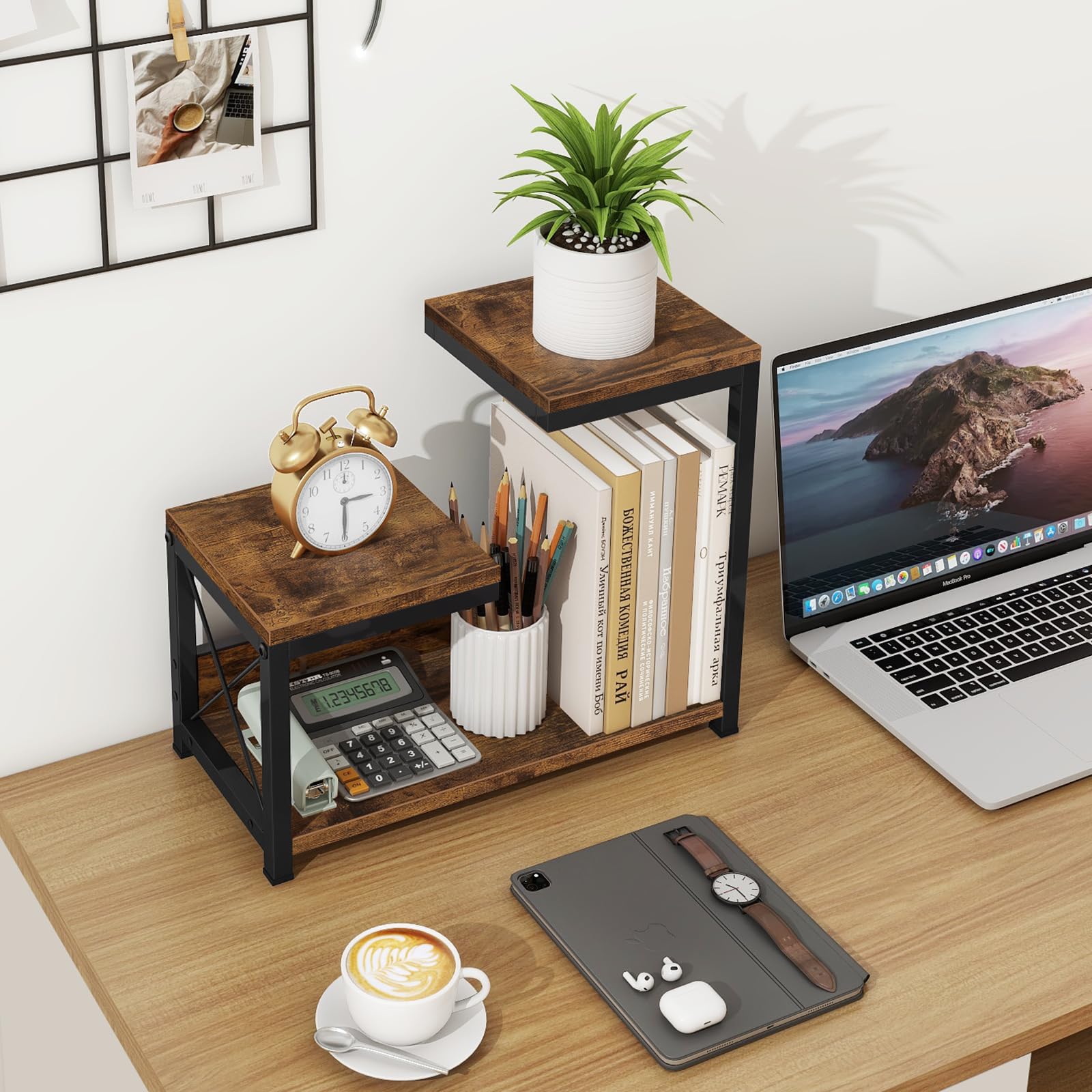 ELITEROO Desktop Shelf Organizer, 3 Tier Office Shelves, Wood Desk Organizers Storage Rack and