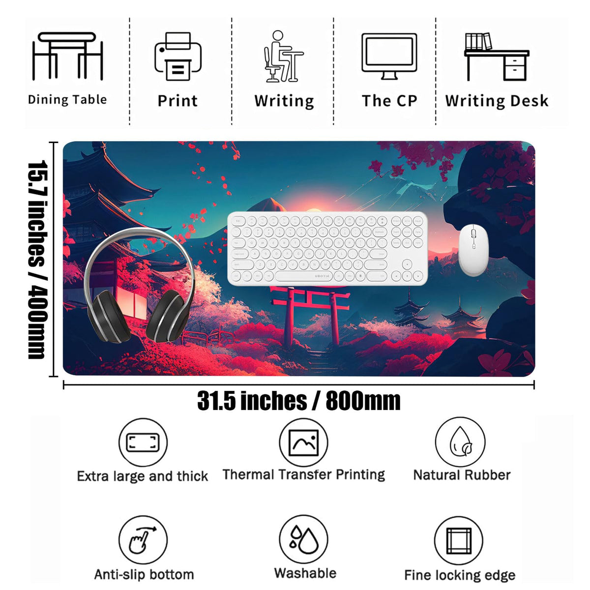 Japanese Mouse Mat, Large Extended Gaming Mouse Pad with Stitched Edges, Non-Slip Waterproof Rubber