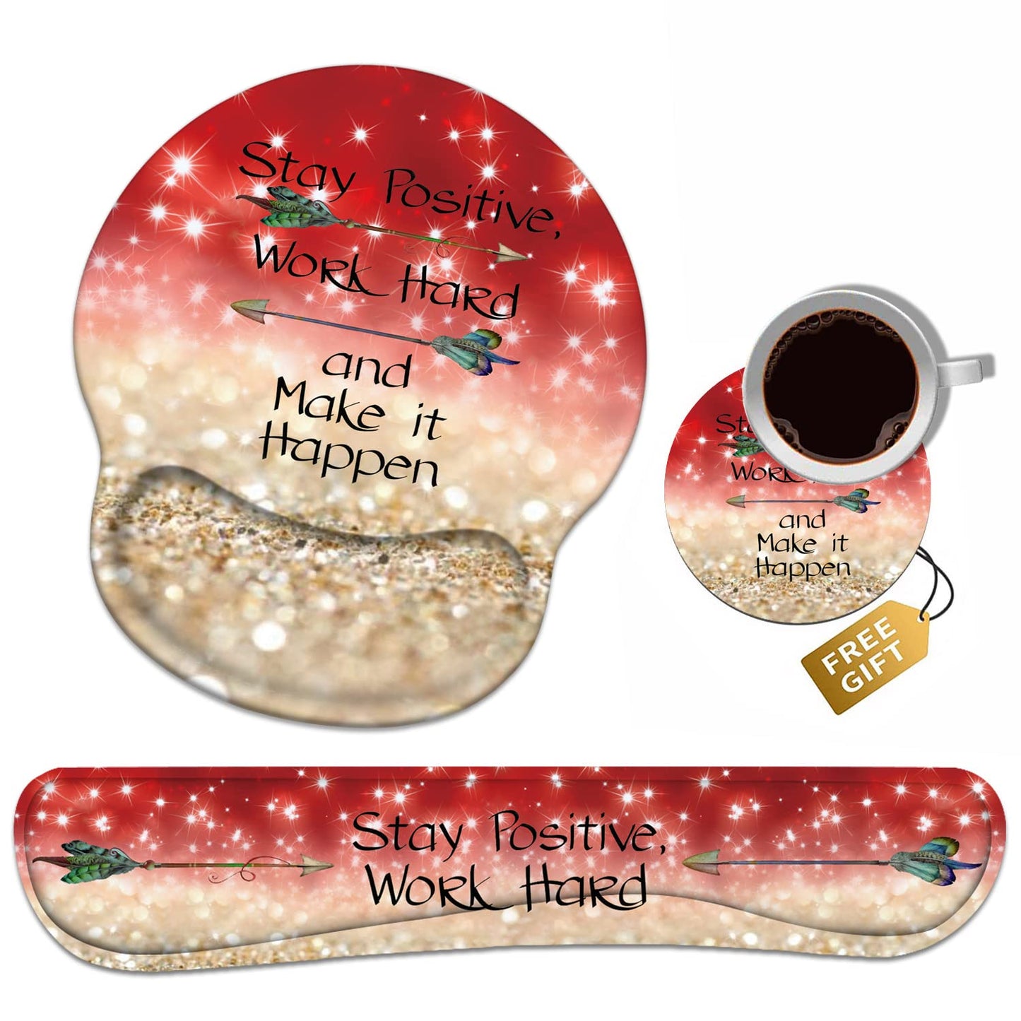 Keyboard Wrist Rest + Mouse Pad Wrist Support Set with Coasters, Stay Positive Work Hard and Make