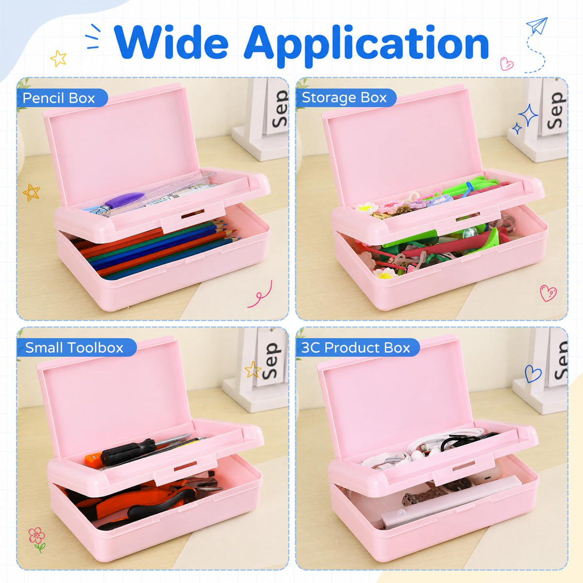 6 Pack Plastic Hard Color Double Layer Cute Pencil Box Case For Girl Boy