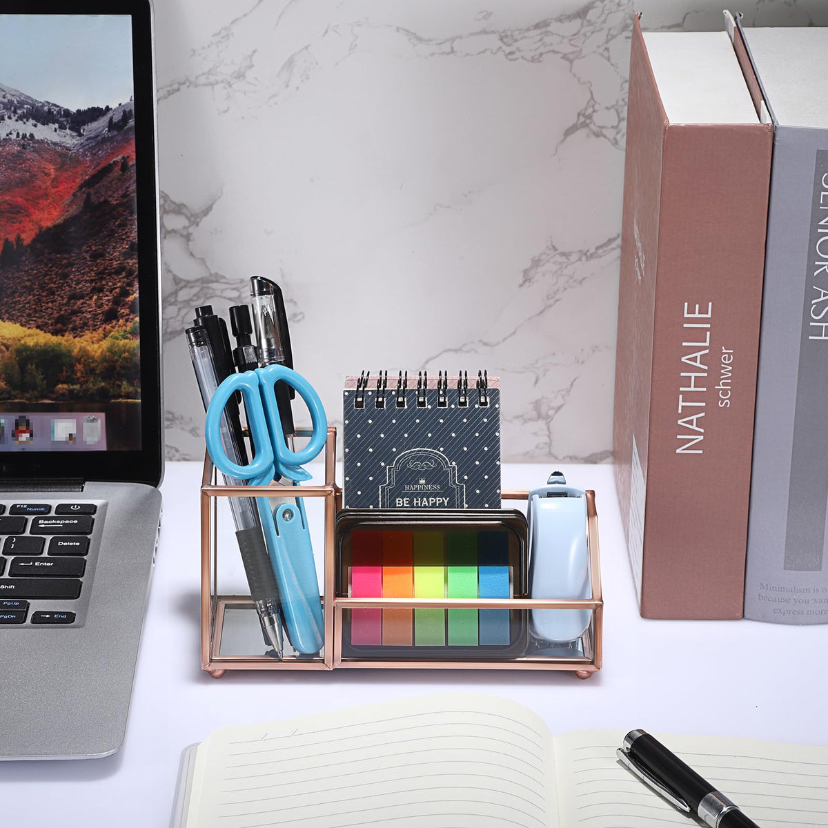 Hipiwe Glass Business Card Organizer with Pen Holder for Women, Rose Gold