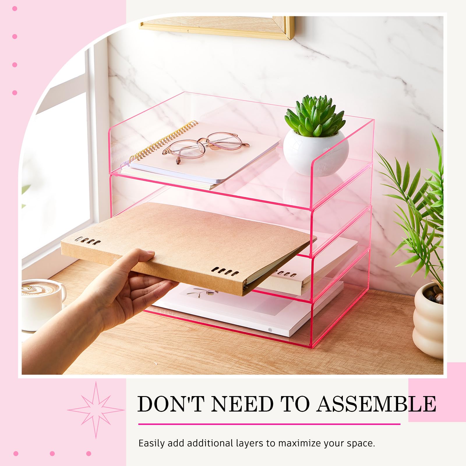 Harloon 4 Tier Paper Organizer Letter Tray Pink Acrylic Desk File Organizer Heavy Duty Stackable